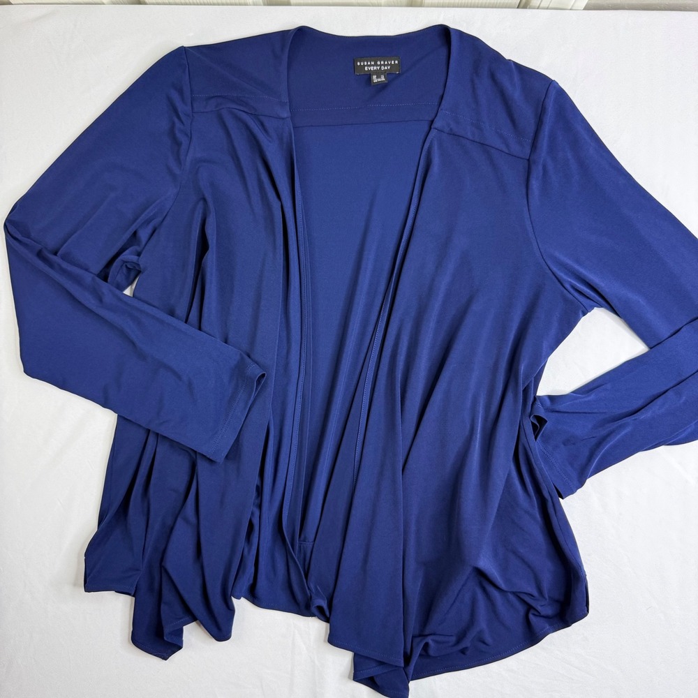 Susan Graver Every Day Navy Blue Liquid Knit Open Front Draped Cardigan Large